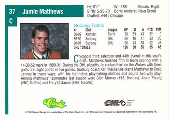 1991 Classic Draft Picks #37 Jamie Matthews Back