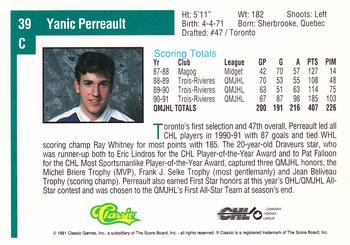 1991 Classic Draft Picks #39 Yanic Perreault Back