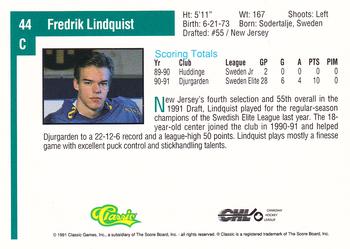 1991 Classic Draft Picks #44 Fredrik Lindquist Back