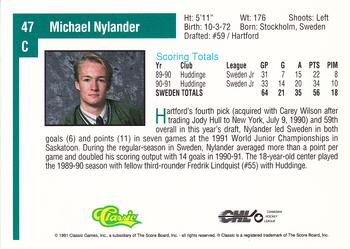 1991 Classic Draft Picks #47 Michael Nylander Back