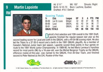 1991 Classic Draft Picks #9 Martin Lapointe Back