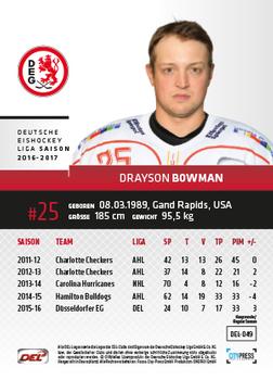 2016-17 German DEL Playercards Basic #DEL-049 Drayson Bowman Back