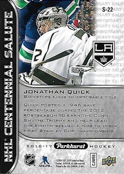 2016-17 Parkhurst - NHL Centennial Salute #S-22 Jonathan Quick Back