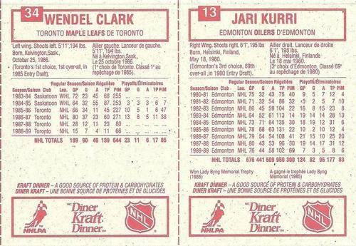1989-90 Kraft - Panels #13 / 34 Jari Kurri / Wendel Clark Back