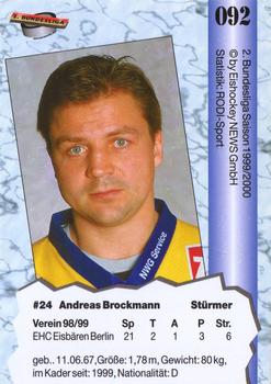 1999-00 Eishockey News 2.Bundesliga Germany #092 Andreas Brockmann Back
