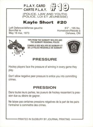 1992-93 Sudbury Wolves (OHL) Police #19 Kayle Short Back
