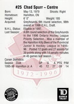 1996-97 TD Bank Sault Ste. Marie Greyhounds (OHL) #NNO Chad Spurr Back