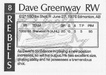 1993-94 Red Deer Rebels (WHL) #NNO Davie Greenway Back