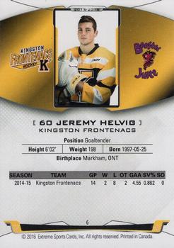 2015-16 Extreme Kingston Frontenacs (OHL) #6 Jeremy Helvig Back