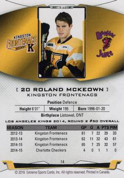 2015-16 Extreme Kingston Frontenacs (OHL) #14 Roland McKeown Back