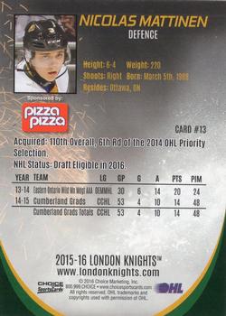 2015-16 Choice London Knights (OHL) #13 Nicolas Mattinen Back