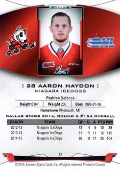 2015-16 Extreme Niagara IceDogs (OHL) #22 Aaron Haydon Back