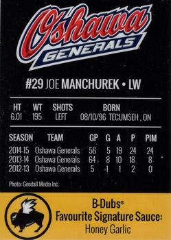 2015-16 Buffalo Wild Wings Oshawa Generals (OHL) #8 Joe Manchurek Back