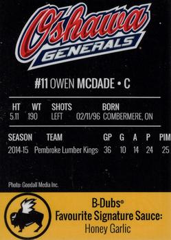2015-16 Buffalo Wild Wings Oshawa Generals (OHL) #13 Owen McDade Back