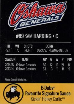 2015-16 Buffalo Wild Wings Oshawa Generals (OHL) #15 Sam Harding Back