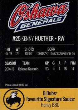 2015-16 Buffalo Wild Wings Oshawa Generals (OHL) #19 Kenny Huether Back