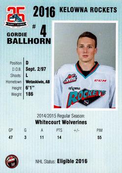 2015-16 Kelowna Rockets (WHL) #NNO Gordie Ballhorn Back