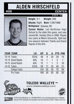 2015-16 Choice Toledo Walleye (ECHL) #6 Alden Hirschfeld Back