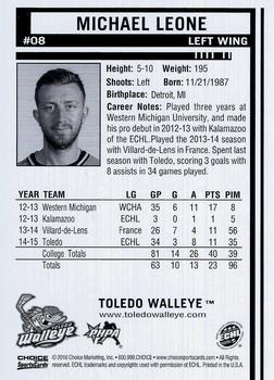 2015-16 Choice Toledo Walleye (ECHL) #8 Michael Leone Back