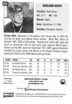 2003-04 Choice Hershey Bears (AHL) #NNO Sheldon Keefe Back