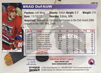 2003-04 Choice Lowell Lock Monsters (AHL) #2 Brad DeFauw Back