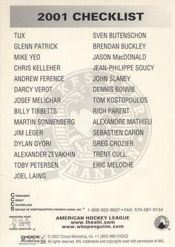 2000-01 Choice Wilkes Barre/Scranton Penguins (AHL) #1 Checklist Back