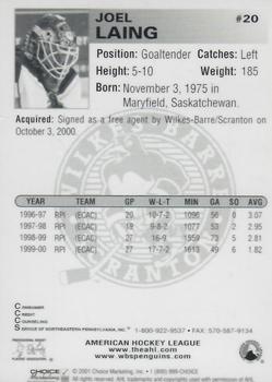 2000-01 Choice Wilkes Barre/Scranton Penguins (AHL) #12 Joel Laing Back
