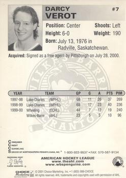 2000-01 Choice Wilkes Barre/Scranton Penguins (AHL) #24 Darcy Verot Back