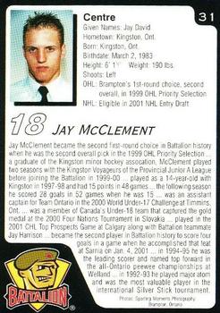 2000-01 Brampton Battalion (OHL) #NNO Jay McClement Back