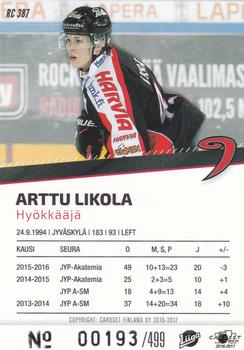 2016-17 Cardset Finland - Rookie Series 2 #RC 387 Arttu Likola Back