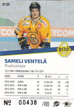 2016-17 Cardset Finland - Rookie Series 2 #RC 396 Sameli Ventelä Back