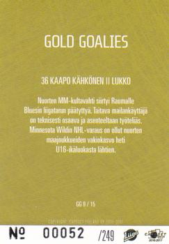 2016-17 Cardset Finland - Gold Goalies #GG9 Kaapo Kähkönen Back