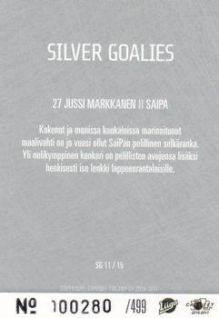 2016-17 Cardset Finland - Silver Goalies #SG11 Jussi Markkanen Back