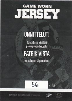 2016-17 Cardset Finland - Game Worn Jersey Series 2 Exchange #GWJ7 Patrik Virta Back