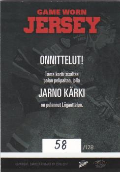 2016-17 Cardset Finland - Game Worn Jersey Series 2 Exchange #GWJ8 Jarno Kärki Back