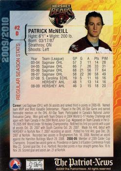 2009-10 Hershey Bears (AHL) #NNO Patrick McNeill Back