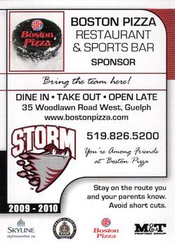 2009-10 M&T Printing Guelph Storm (OHL) #NNO Boston Pizza Back