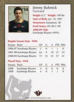 2009-10 Husky/Mohawk Calgary Hitmen (WHL) #NNO Jimmy Bubnick Back