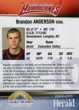 2009-10 Lethbridge Herald Lethbridge Hurricanes (WHL) #NNO Brandon Anderson Back