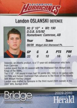 2009-10 Lethbridge Herald Lethbridge Hurricanes (WHL) #NNO Landon Oslanski Back