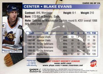 2001-02 Choice Peoria Rivermen (ECHL) #6 Blake Evans Back