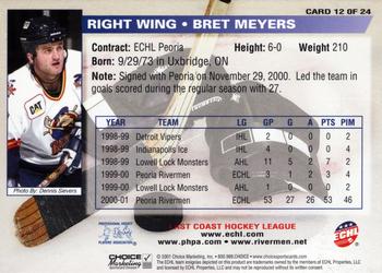 2001-02 Choice Peoria Rivermen (ECHL) #12 Bret Meyers Back