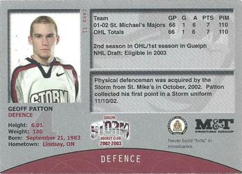 2002-03 M&T Printing Guelph Storm (OHL) #11 Geoff Patton Back