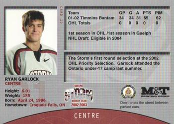 2002-03 M&T Printing Guelph Storm (OHL) #15 Ryan Garlock Back