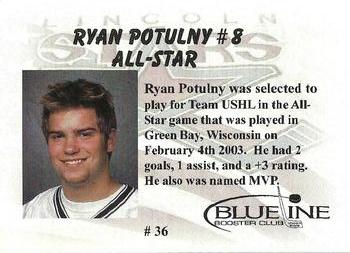 2002-03 Blueline Booster Club Lincoln Stars (USHL) Update #36 Ryan Potulny Back