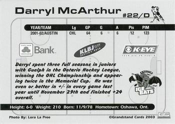 2002-03 Grandstand Austin Ice Bats (CHL) #NNO Darryl McArthur Back