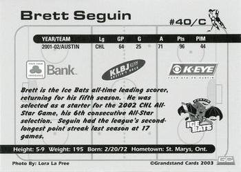 2002-03 Grandstand Austin Ice Bats (CHL) #NNO Brett Seguin Back