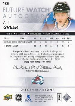 2016-17 SP Authentic #189 A.J. Greer Back