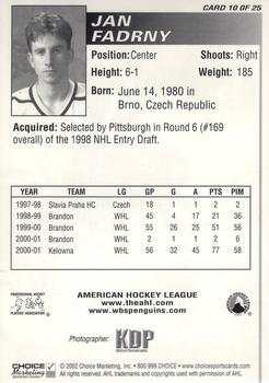 2001-02 Choice Wilkes-Barre/Scranton Penguins (AHL) #10 Jan Fadrny Back