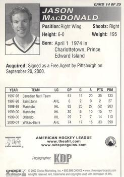 2001-02 Choice Wilkes-Barre/Scranton Penguins (AHL) #14 Jason MacDonald Back